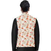Orange-beige jacquard printed full sleeve waistcoat for men, mandarin collar, button closure
